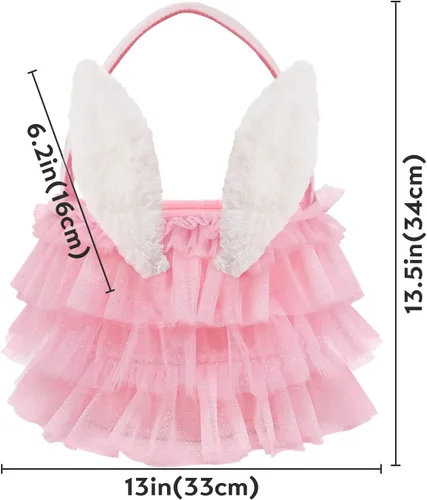 Vista 3 de Bunny Chorus Canasta de Pascua tutú, tul brillante con volantes rosados con orejas de conejo, regalos de fiesta temática de Pascua, regalos