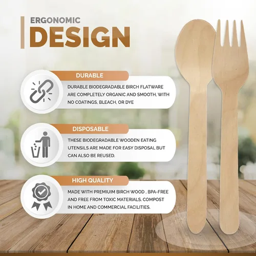 Vista 8 de Cubiertos de madera de abedul compostable – Paquete de 500 tenedores de madera biodegradables desechables – Tenedores, cucharas y cuchillos 100%