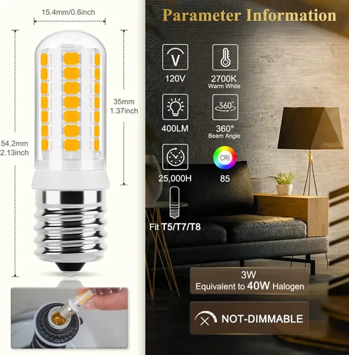 Vista 2 de DiCUNO Bombilla LED E17 para debajo del horno de microondas, 2700 K blanco cálido, 3 W (reemplazo halógeno de 40 W) 400 lm 120 V E17 bombilla