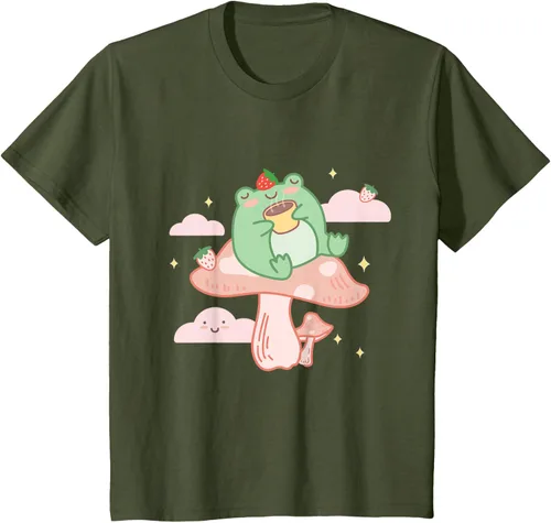 Vista 13 de Kawaii Strawberry Frog On Mushroom - Camiseta de manga corta de anime, Azul / Patchwork, S Azul Pastel