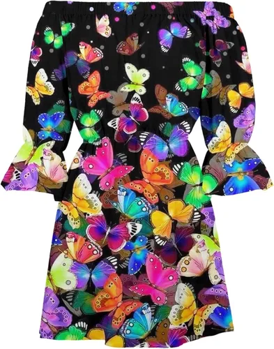 Vista 5 de Ceboyel Vestido de verano floral con hombros descubiertos para mujer, vestido corto con volantes, vestido sexy fluido para crucero, ropa de playa