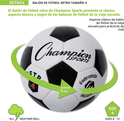 Vista 3 de Champion Sports® Balón de fútbol retro – Diseño clásico en blanco y negro, cubierta de TPU de tacto suave, balón para todo clima para juego de club