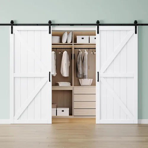 Vista 28 de 30"x84" 1-Lite Double Side Mirror Barn Door Slab with 6FT Track Kit, Handle White / 1-Lite Double Side Mirror