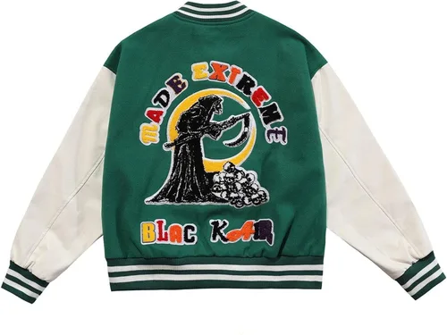 Vista 2 de Aelfric Eden Chaqueta de motocicleta para hombre, chaqueta de béisbol Blackair Moto Varsity para mujer, abrigos vintage