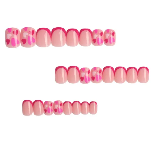 Vista 3 de Uñas postizas a presión para el día de San Valentín, uñas postizas cortas cuadradas con corazón de amor, uñas acrílicas con corazones rojos 01.