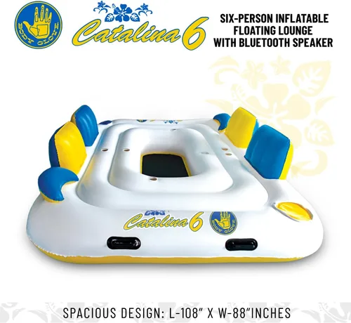 Vista 4 de Body Glove Catalina Island - Salón flotante inflable para seis personas con altavoz Bluetooth, 2 enfriadores y 6 soportes para bebidas, zona
