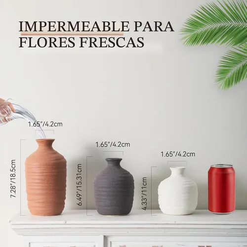 Vista 2 de Dobbyby Juego de 3 jarrones de cerámica decorativos para decoración del hogar, decoración moderna de granja, jarrones neutros de cerámica para sala