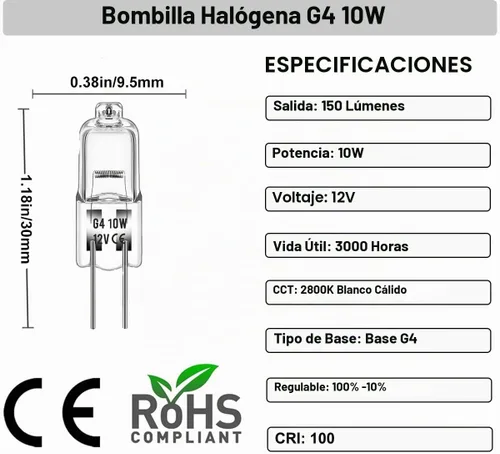 Vista 2 de Bombillas halógenas de 10 W 12 V - 10 paquetes de bombillas halógenas G4 de larga duración, de alto rendimiento, regulables con base G4 de doble
