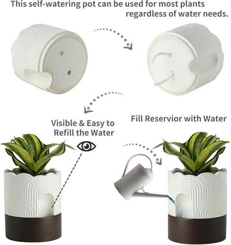 Vista 3 de Nihow Maceta de riego automático: maceta de cerámica de 6 pulgadas con orificio de drenaje y almacenamiento de agua, maceta de riego automático