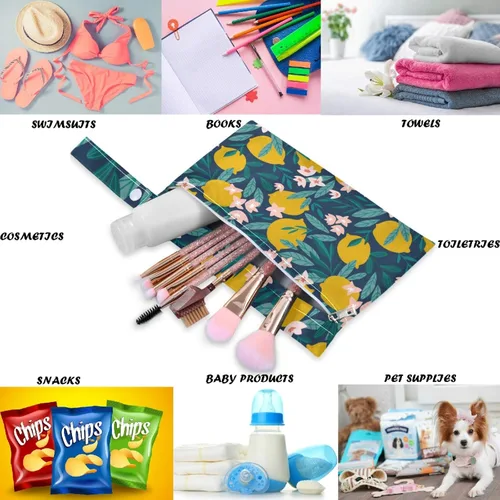 Vista 3 de visesunny Lemon Floral - 2 bolsas húmedas con bolsillos con cremallera, lavable, reutilizable, espaciosa para viajes, playa, piscina, guardería