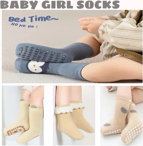Vista 2 de 5 pares de calcetines antideslizantes con agarre para tobillos para bebés, niños y niñas, calcetines antideslizantes adhesivos para bebés, niños