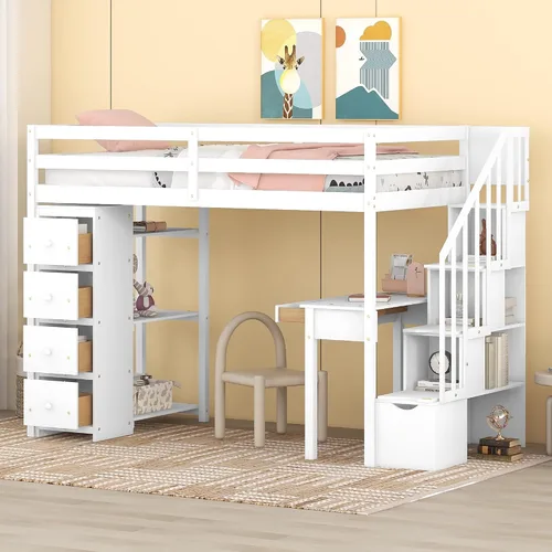Vista 17 de Quarte Cama tipo loft única con cajones de almacenamiento y escaleras, cama alta de madera tamaño individual con estantes y barandillas, para niños