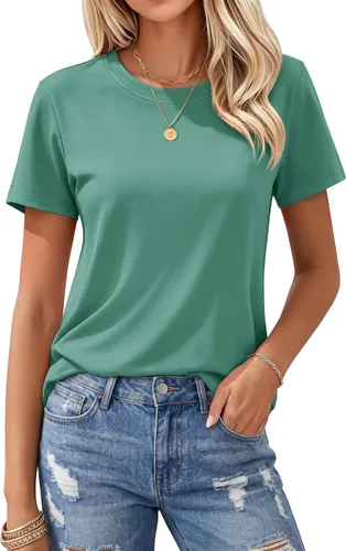 Vista 13 de MAGCOMSEN Camisetas de algodón para mujer de manga corta con cuello redondo, camisetas de ajuste clásico y transpirables de verano a1-Negro