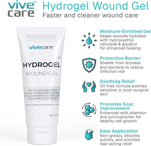 Vista 2 de ViveCare - Apósito de hidrogel para heridas (tubo de 3 onzas), gel curativo de primeros auxilios para quemaduras, úlceras diabéticas, cortes