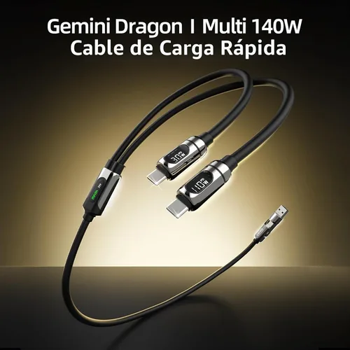 Vista 6 de MFish - Cable USB C a USB C 2 en 1, pantalla de potencia LED, 140 W máximo, 3.93 pies Fast Charging Cord, Dual USB-C Outputs, USB-C/USB-A Input, PD