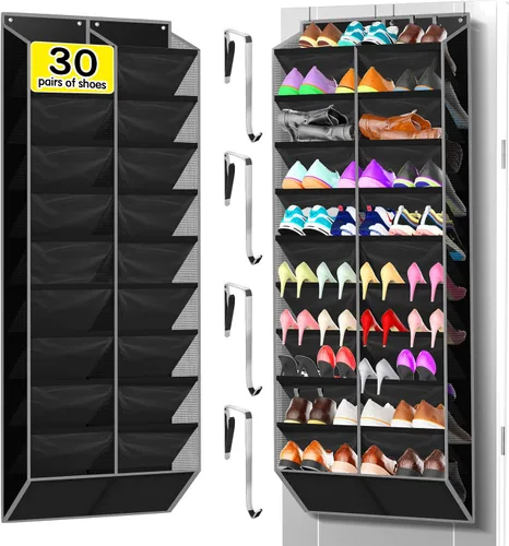 Vista 8 de Kotkn Organizador de zapatos de 10 niveles sobre la puerta, 20 bolsillos con capacidad para 20 a 30 pares, tela Oxford resistente con malla