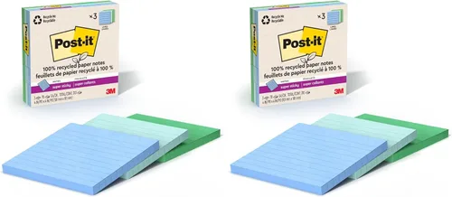 Vista 12 de Post-it Notas Super Adhesivas de Papel 100% Reciclado, 2 Veces el Poder de Adhesión, 4x4 pulgadas, Rayadas, 3 Blocs, 70 Hojas/Bloc, Colección