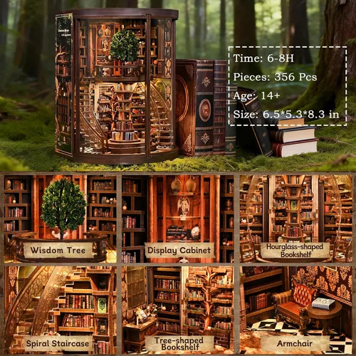 Vista 2 de Kit de rincón de libros para adultos, libro de bricolaje en miniatura, decoración de biblioteca, rompecabezas 3D de fantasía
