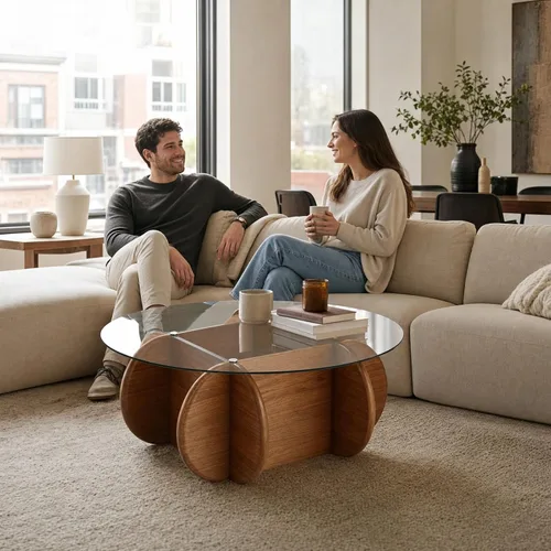 Vista 6 de Noguchi - Mesas de centro redondas transparentes de cristal con patas de madera maciza y mesa de vidrio templado para sala de estar, hogar, espacio