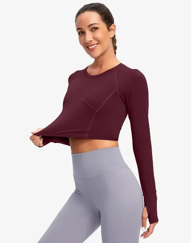 Vista 5 de SANTINY Camiseta corta de manga larga para mujer, ajustada, para gimnasio, yoga, correr, para mujer
