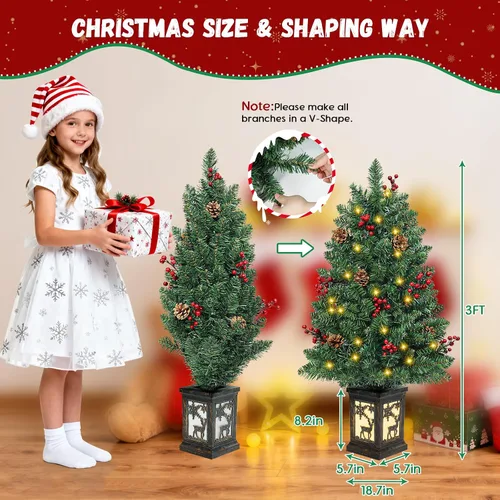 Vista 6 de 2 piezas árbol de Navidad de 3 pies con luces, pequeño árbol de Navidad artificial de PVC preiluminado de Navidad con 78 luces LED cálidas, bayas 3