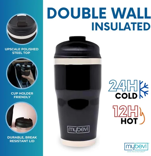Vista 2 de MyBevi Retro Wave - Vaso aislado de acero inoxidable al vacío de triple capa para café y té, tapa resistente a derrames, 12 onzas, negro