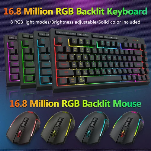 Vista 7 de Redragon Combo de teclado y mouse inalámbricos para juegos, Bluetooth2.4GUSB-C con cable, retroiluminación RGB, teclado macro de membrana recargable