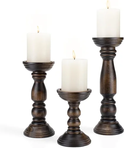 Vista 8 de Portavelas de Madera Estilo Granja para Velas de Pilar Juego de 3, Portavelas de Madera Rústica Decoración de Centro de Mesa, 12'' 9'' 6'' Soporte