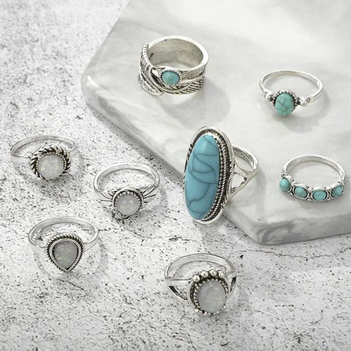 Vista 4 de Juego de 8 anillos de plata bohemia, tallados en nudillos, ovalados, verde, turquesa, ópalo, midi, plata, anillos punk, joyería para mujeres