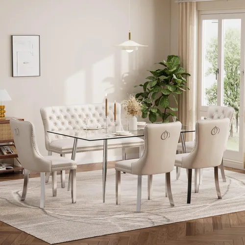 Vista 78 de Baysitone Juego de mesa de comedor de cristal de 51 pulgadas para 4, juego de 5 piezas de comedor moderno, mesa de cocina rectangular de vidrio