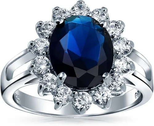Vista 19 de Anillo de compromiso de plata de ley 925 personalizable con halo de corona ovalada de 5 a 7 quilates con circonita cúbica simulada de zafiro azul