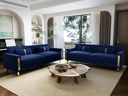Vista 11 de Sofá de dos plazas para sala de estar, sofá de terciopelo beige de 86 pulgadas con 2 almohadas y patas de metal dorado, sofá tapizado moderno sofá