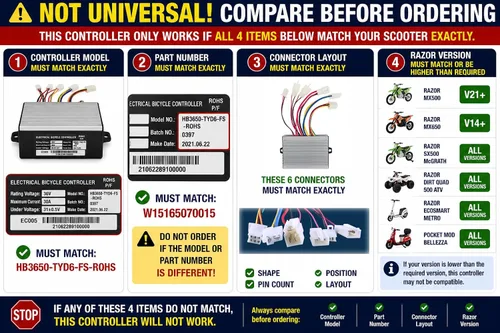 Vista 2 de Controlador de 36V para Razor MX500 - Módulo de control de repuesto premium para MX500 (V21+), MX650 (V14+), McGrath SX500, EcoSmart Electric