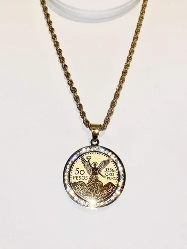 Vista 3 de Hombres Mujeres 925 Italia 14k Acabado Oro helado Moneda Mexicano Moneda 50 Pesos Ice Out Colgante Acero Inoxidable Real 0.098in Cadena Cadena