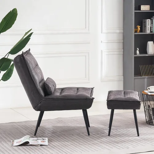 Vista 4 de MCombo Wingback - Silla decorativa con otomana, moderna tela bronceadora tapizada para espacios pequeños, sala de estar 4400 (gris oscuro)