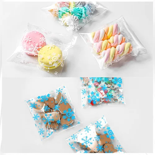 Vista 4 de Yinder 500 bolsas de invierno para galletas de invierno, bolsa de celofán con copos de nieve, bolsa de dulces autoadhesiva para suministros de Blanco