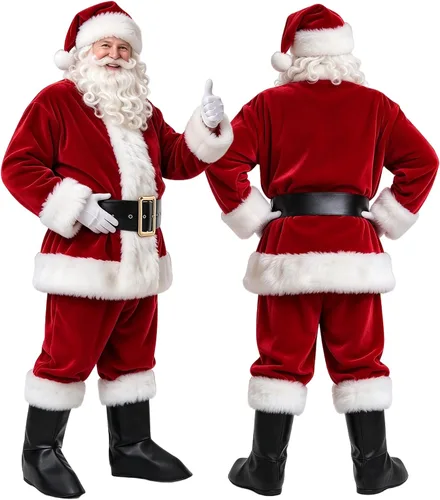 Vista 2 de Conjunto de 9 piezas de disfraz de Papá Noel para hombre Rojo vino