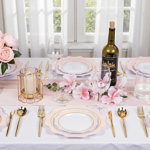 Vista 3 de 100 platos de plástico rosa - Platos desechables rosa y dorado resistentes - Incluye 50 platos para cena y 50 platos para pastel para el día de San
