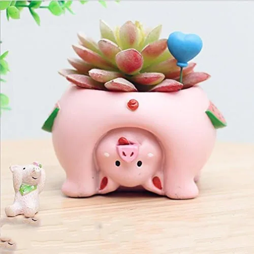 Vista 7 de Adorable Maceta para Suculentas en Forma de Cerdo con Orificio de Drenaje - Soporte para Lápices y Pinceles - Linda Maceta Decorativa de Resina