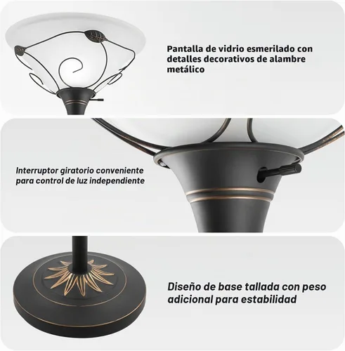 Vista 5 de VONLUCE Torchiere - Lámpara de pie con luz de lectura lateral, interruptor de 3 vías, combo de bronce antiguo, lámpara de pie para madre e hija