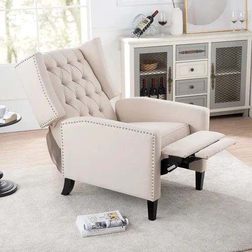 Vista 3 de Silla reclinable con respaldo ajustable, cómoda silla reclinable con respaldo ajustable, sillón de tela copetuda con remaches vintage para sala