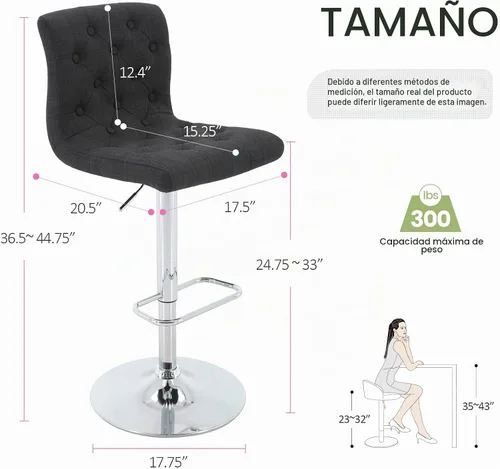 Vista 3 de Brage Living - Juego de 2 taburetes de bar de tela copetuda con respaldo, color negro carbón