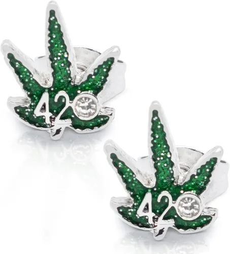 Vista 2 de Pierce2GO Aretes tipo dormilona de acero inoxidable con símbolo 420, hoja de maceta verde, aretes de acero quirúrgico para mujeres y hombres, juego