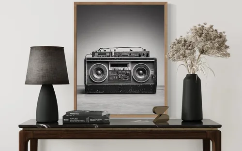 Vista 4 de Boombox - Póster musical musical instrumental para pared, color blanco y negro, fotografía, arte musical, dormitorio u oficina, sala de estar