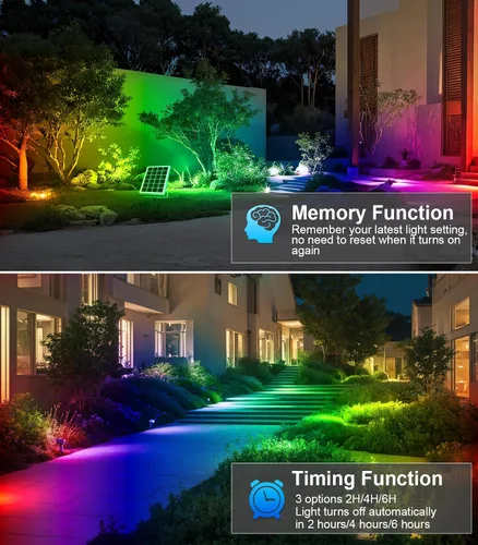 Vista 4 de MEIKEE 6 en 1 luces de paisaje RGB solares con control remoto, focos solares RGB LED que cambian de color, luces de punto RGB impermeables al aire