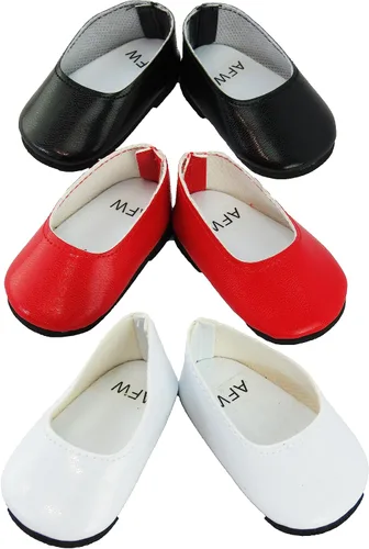 Vista 6 de American Fashion World Zapatos planos con lazo de diamante metálico rosa intenso, lavanda y verde azulado para muñecas de 14 pulgadas, paquete de 3