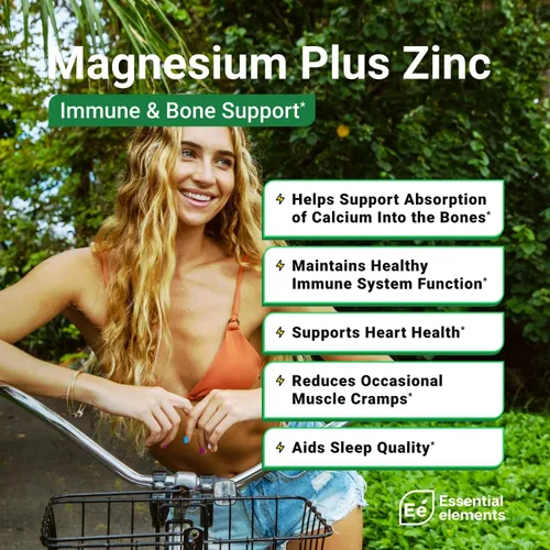Vista 3 de Elementos Esenciales Magnesio Plus Zinc con Vitamina D3 Científicamente Formulado para Apoyo al Corazón, Huesos y Músculos Complejo de Magnesio