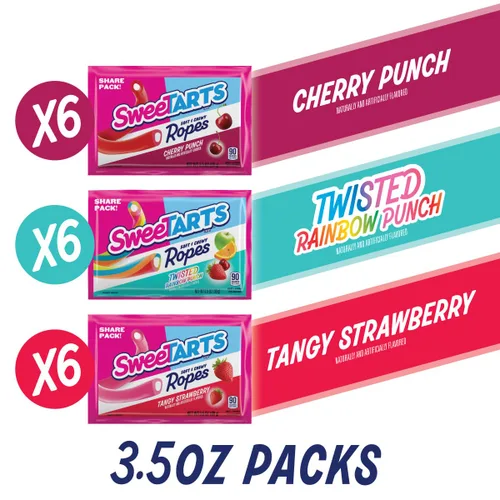 Vista 2 de SweeTARTS Ropes Candy, caja variada, suave y masticable, 18 paquetes envueltos individualmente de 3.5 onzas, 63 onzas