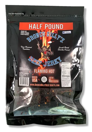 Vista 13 de Bolsa resellable de media libra de carne de res con sabor a bourbon Bronco Billy's Beef Jerky