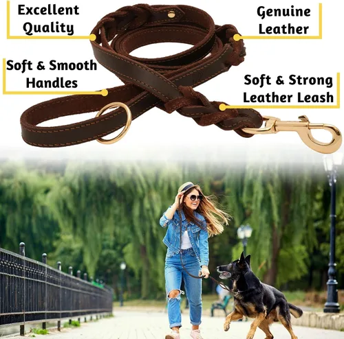 Vista 6 de Collar de cuero para perros grandes con correa de cuero de doble asa de 6 pies x 3/4 pulgadas